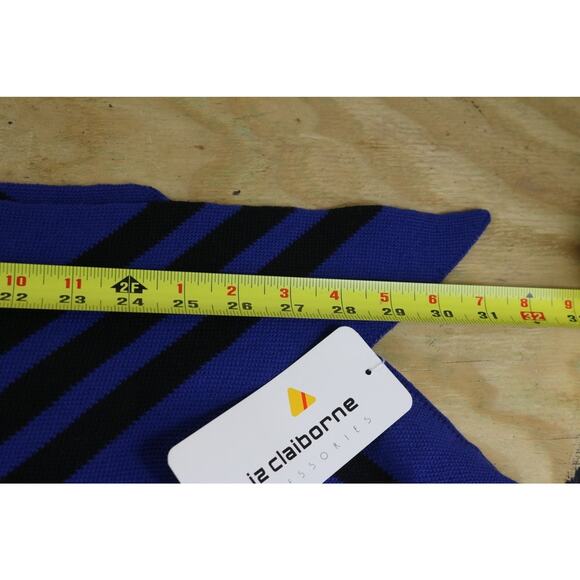 Liz Claiborne Scarf Blue Black Merino Wool Striped Vintage 1987 Hong Kong New - Picture 4 of 8